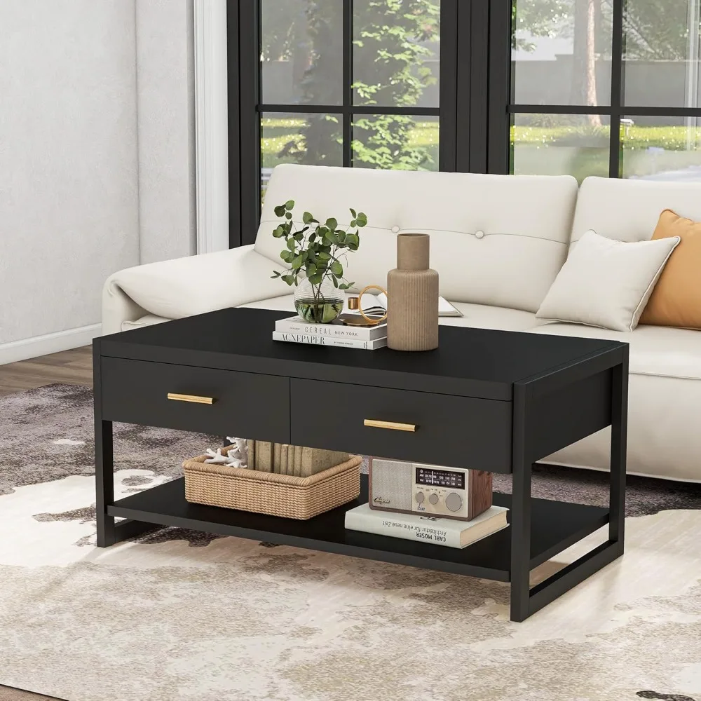 

Solid Wood Coffee Table With Storage Living Room Table With 2 Drawers Shelf & Reinforced Legs