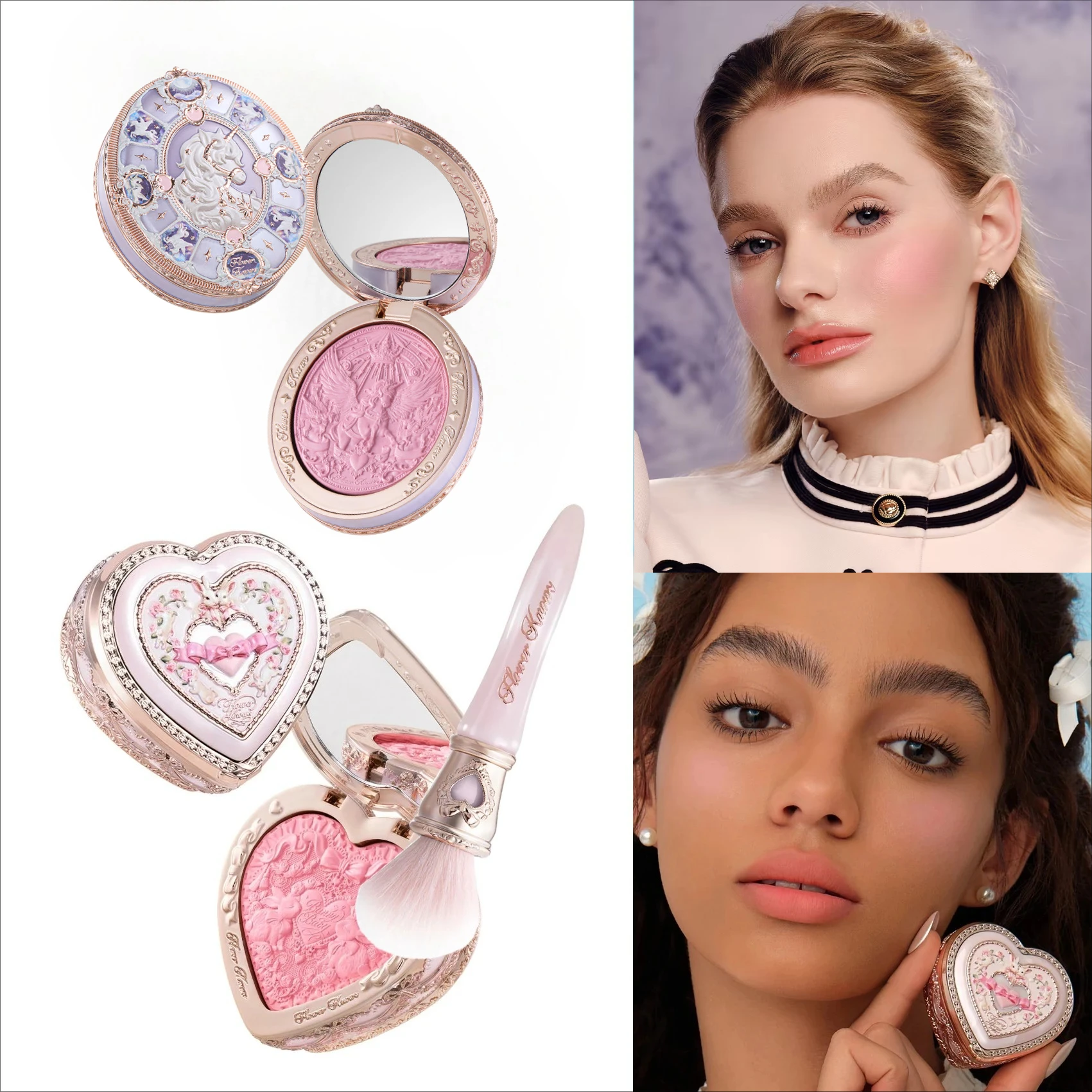 

Flower Knows Knight Unico Bunny Garden Makeup Set Cute Rabbit Design Embossed Blush Pressed Powder Long Lasting Soft Pigment