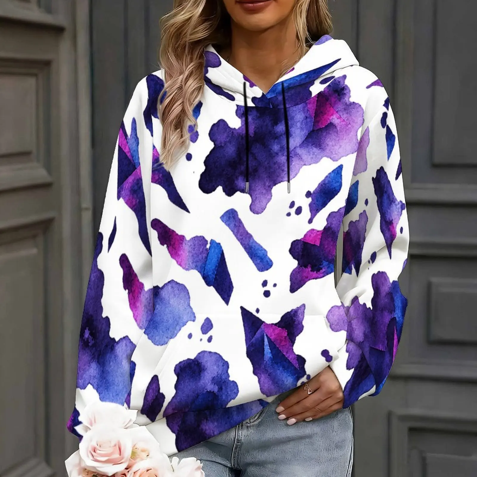 Women Off White Base Blue Taupe Abstract Watercolor Print Long Sleeve Drawstring Pullover Hoodie with Kangaroo Pocket