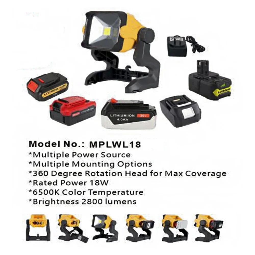 18W LED Work Lamp 2800 Lumin Light 18V Lithium Battery For Dewalt For Makita For Porter Cable For Black Decker for Ryobi Adapter