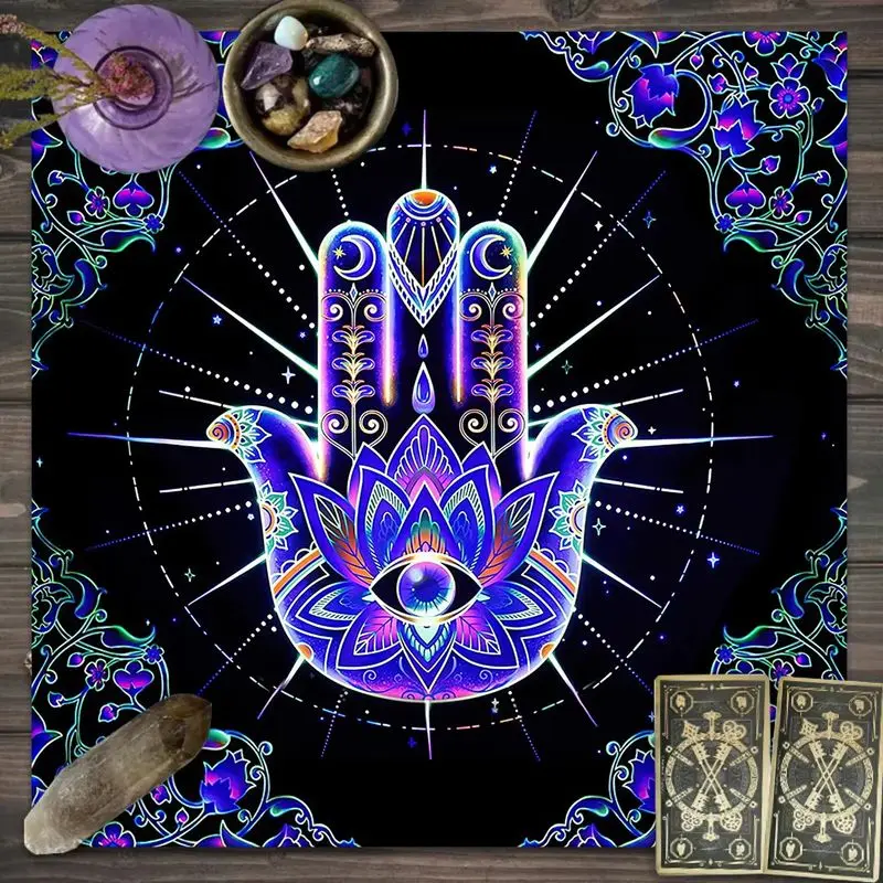 VIKAMA Witchcraft Tarot Table Cloth Hamsa Hand Evil Eye Mandala Lotus Pattern Square Altar Cloth For Spiritual Ritual Decor