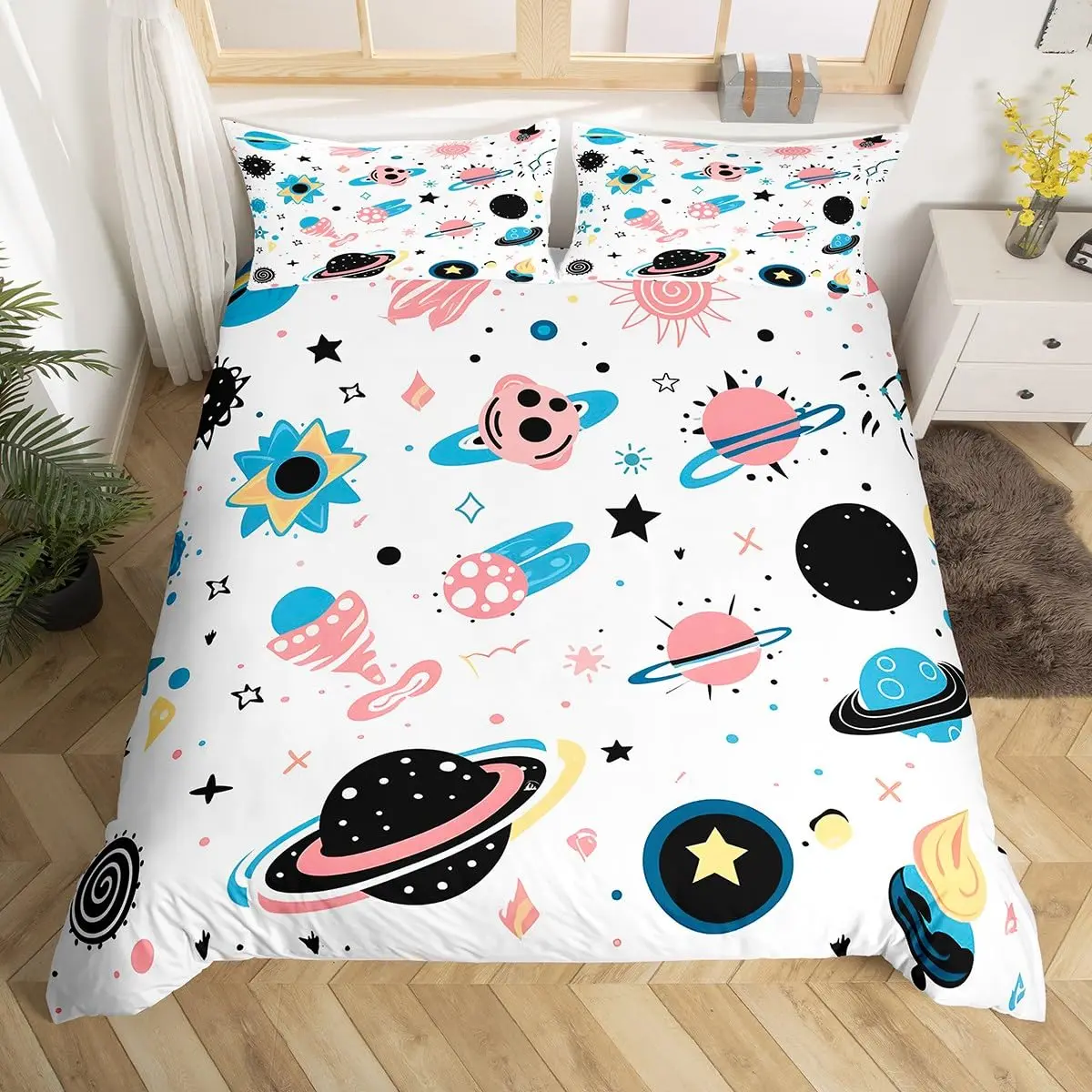 Planet Kids Duvet Cover Planets Rockets Airships Outer Space Galaxy Bedding Set,Stars Dots Comforter Cover Cartoon Quilt Cover