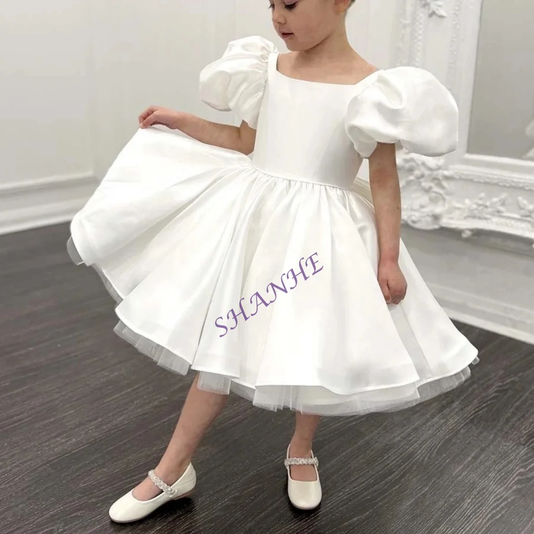 

Платье на день рождения для девочек чайной длины по индивидуальному заказу, платье с цветочным узором для девочек на свадьбу, атласное бальное платье с бантом, платье принцессы для причастия