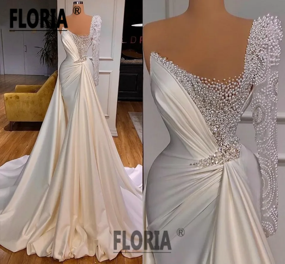 Vestido De Novia Luxury Pearls Wedding Dress Dubai Arabia Long Sleeve One Shoulder Beaded Satin Bridal Gown 2023 Robe De Mariee