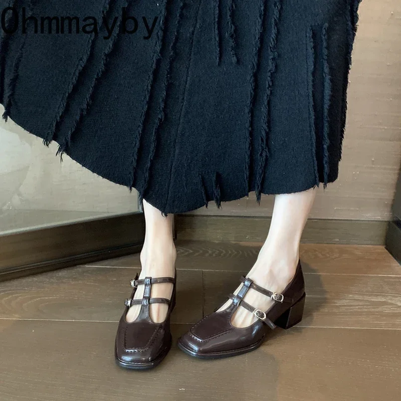 Retro Style Women Mary Jane Shoes Fashion T-strap Leather Pumps Retro Style Ladies Comfort Thick Heel Footwear