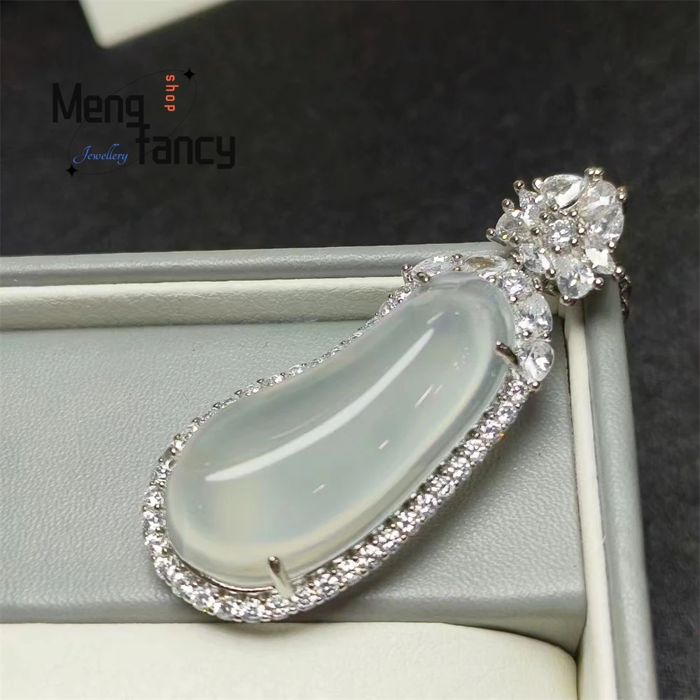 

Natural Ice Type 925, Silver-Plated And Inlaid With High Ice White Chalcedony, Grand Style Lucky Melon Pendant Jade Pendant