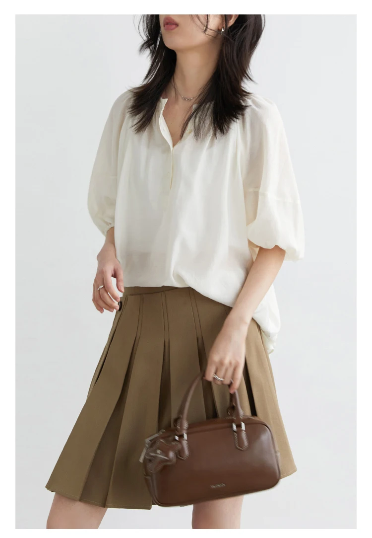 CHICVEN Women Shirt Solid Loose Casual New O Neck Pleated Mid Sleeve Blouses Female Pullover Spring Autumn 2025 Clothing