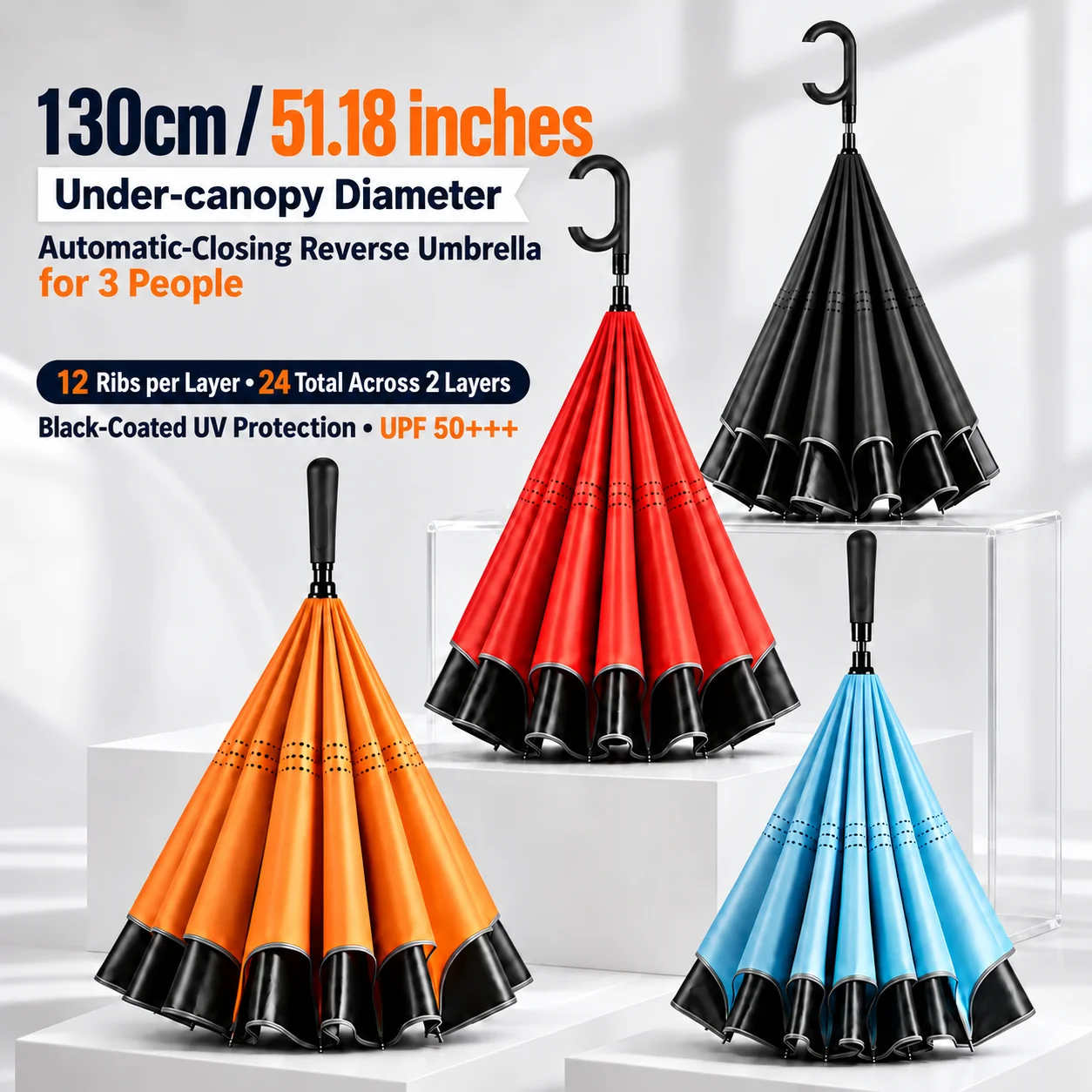 Large Wind-Resistant Umbrella, Reverse Creative Umbrella, Straight Handle Sunshade, Uv Protection, Double-Layer Umbrella, Suitable for 3 People, Unisex
