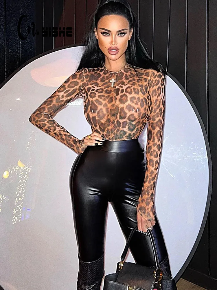 Cnyishe Autumn Sexy Club Leopard Printed Bodysuits Women Rompers Skinny Fashion Casual Streetwear Slim Sheath Bodycons Female