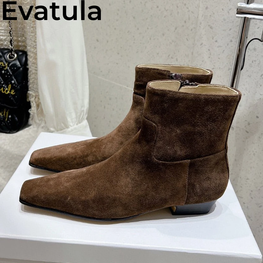 2024 Autumn Genuine Leather Ankle Boots For Women Designer Square Toe Side Zipper Chelsea Boots Fashion Retro Short Botas Mujer