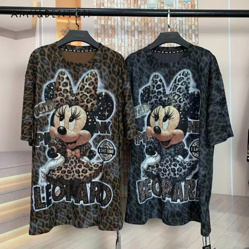 

Летняя новинка: Модная футболка-пуловер с леопардовым принтом и стразами в стиле Heavy Industry, свободного кроя, средней длины, с короткими рукавами