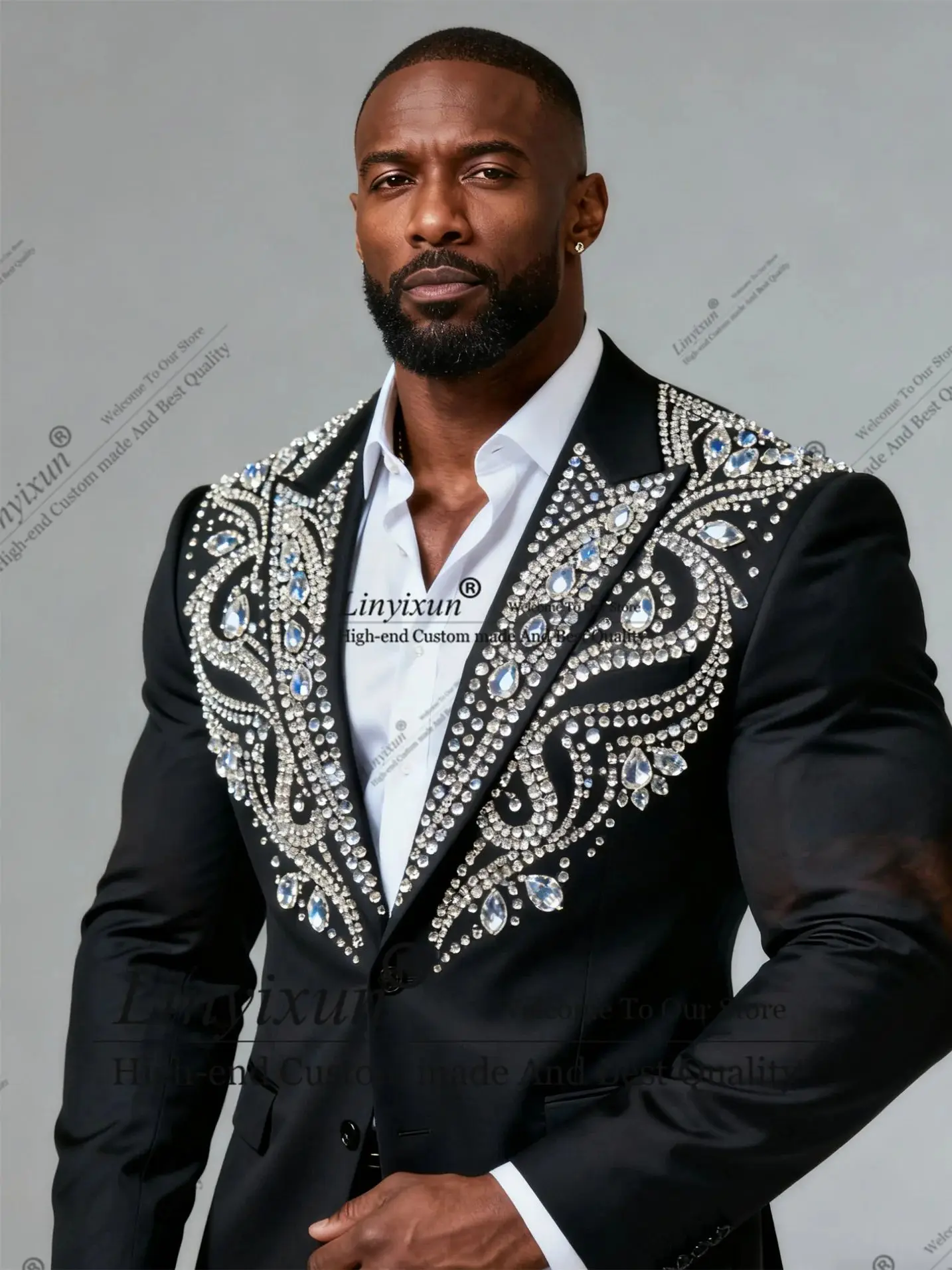 

Elegant Crystal Diamond Men Suits 2 Pieces Sets Groom Male Blazers Customized Slim Fit Peaked Lapel Wedding Tuxedos Ropa hombre