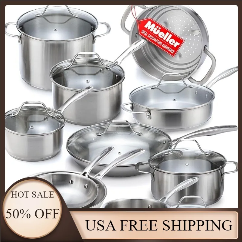 Mueller Pots and Pans Set 17-Piece, Ultra-Clad Pro Stainless Steel Cookware Set, Silver