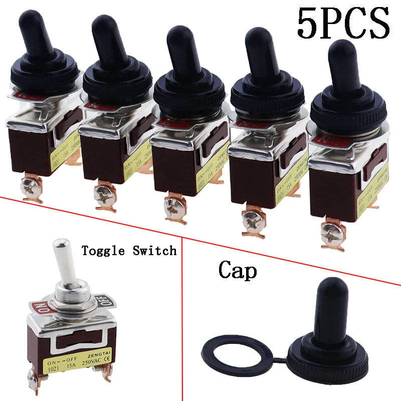 5pcs 15A 250V ON/OFF SPST 2Pin Heavy Duty Rocker Switch Car Boat Rocker Toggle Switch With Waterproof Boot push button