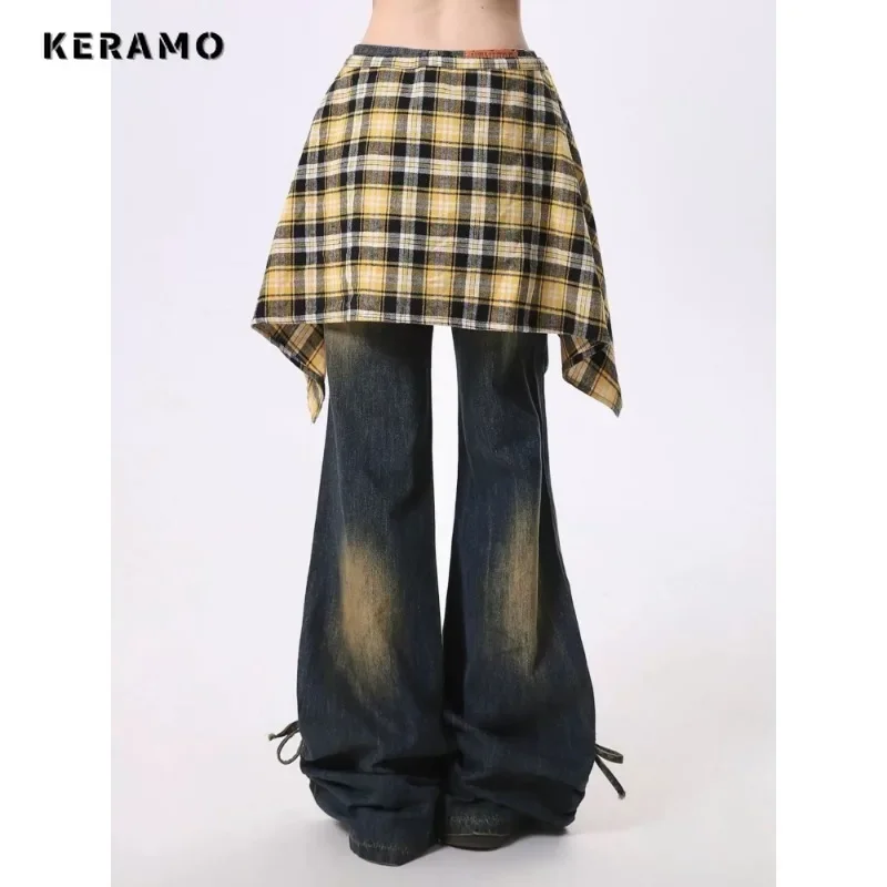 Vintage High Waist Folds Bow Emo Jeans Women's Baggy Y2K Wide Leg Grunge Street Pants High Street Washed Casual Denim Trouser