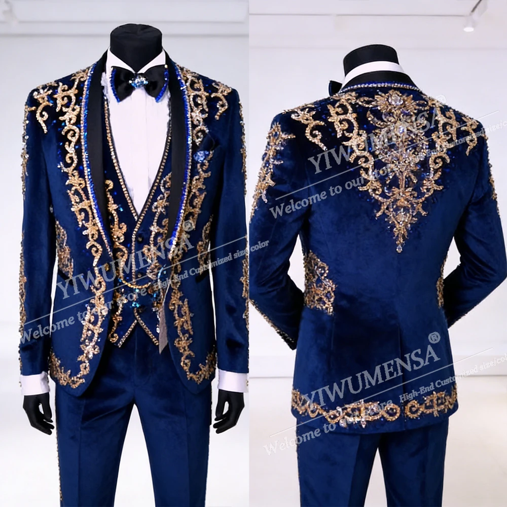 

Luxury Beaded Crystals Velvet Suits Men Slim Fit Single Breasted Jacket Vest Pants 3 Piece Sets Groom Attire Customized Tuxedos