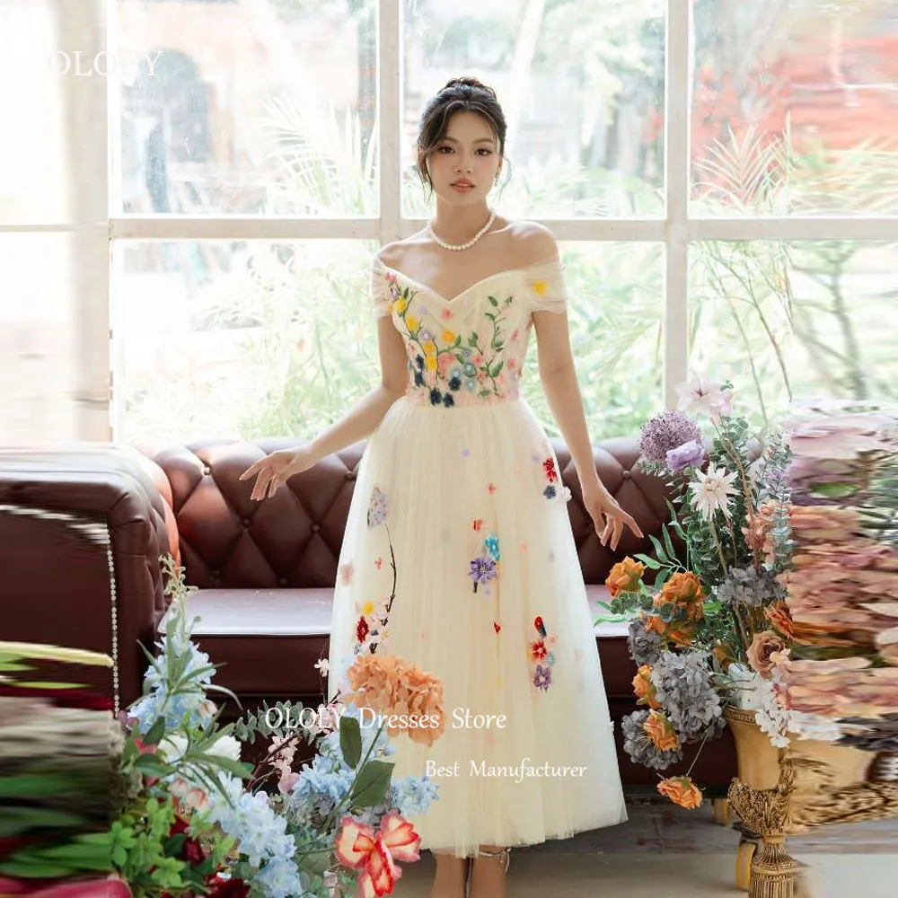 OLOEY Elegant Floral Tulle Evening Party Dresses Off Shoulder Short Sleeves Ankle Length Prom Gowns Wedding Photoshoot Korea