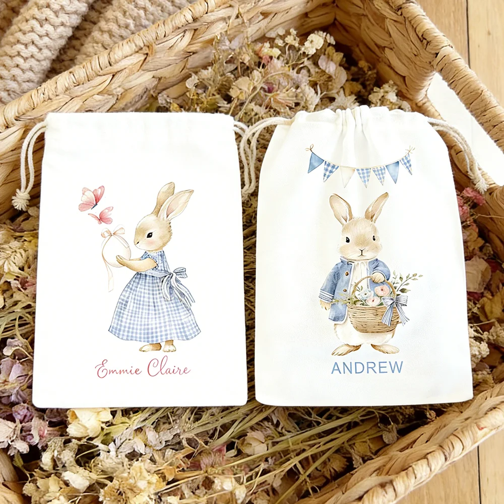 Maßgefertigte 4-teilige Oster-Geschenkbeutel mit Kordelzug für Kinder, Hasen-Party-Geschenktaschen, Oster-Suche-Spiel-Beutel, Geburtstagszubehör
