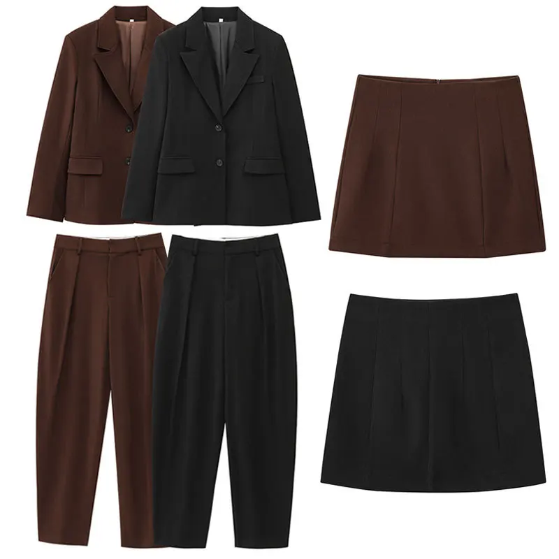 

Spring Autumn Suit for Women Coat Wide Leg Pants Half Skirt Two Piece Set Solid Color Design Sense New Western Style Clothes