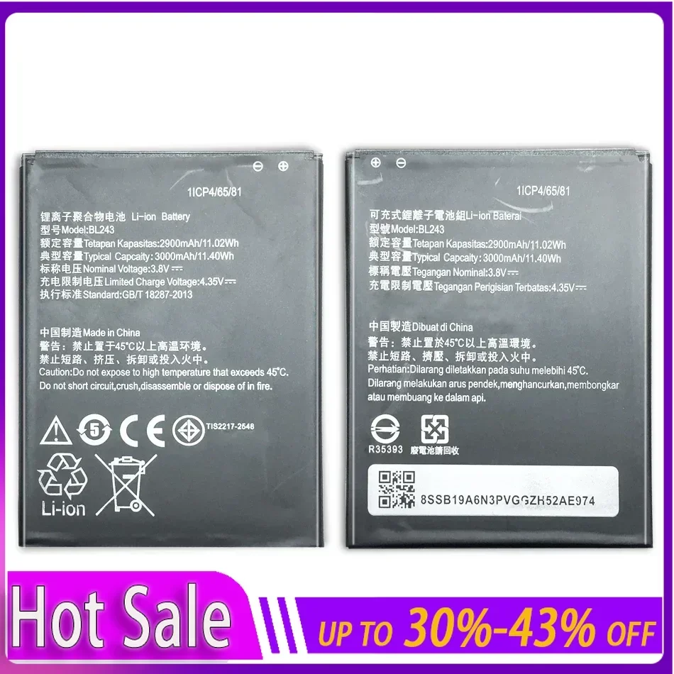 3000mAh Rechargeable Lithium Polymer Battery BL243 for Lenovo K3 Note K50-T5 A7000 A5500 A5600 A7600 Portable Batteries Warranty