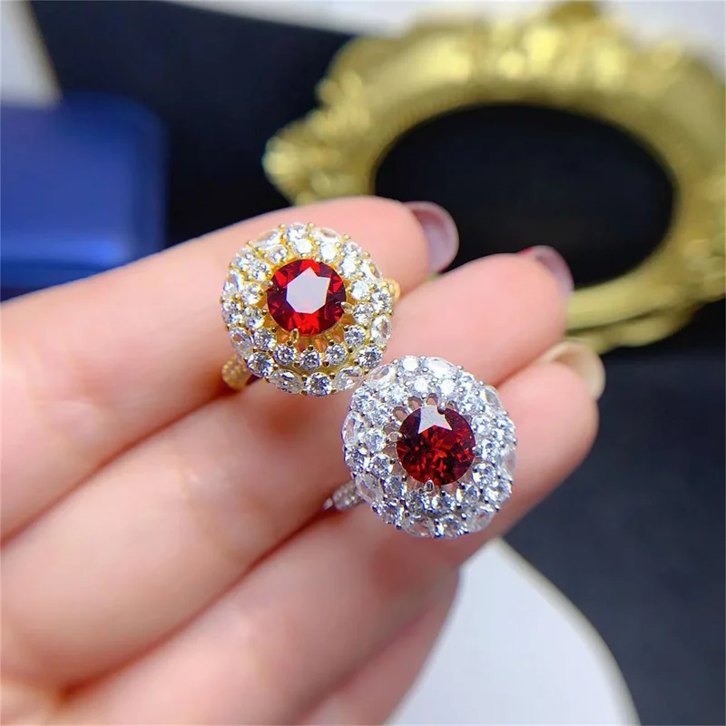 

Authentic S925 Sterling Silver Natural Garnet Wedding Ring for Women Gift Gorgous Yellow Gold Plating with Certificate