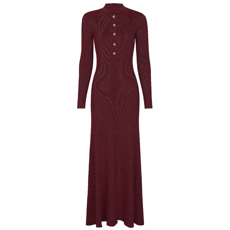 Vestidos de Punto Marrones, Jersey, Cuello Alto de Seda Brillante, Vestidos Maxi con Botones Dorados, Mangas Largas Caladas, Vestidos Sólidos de Lujo