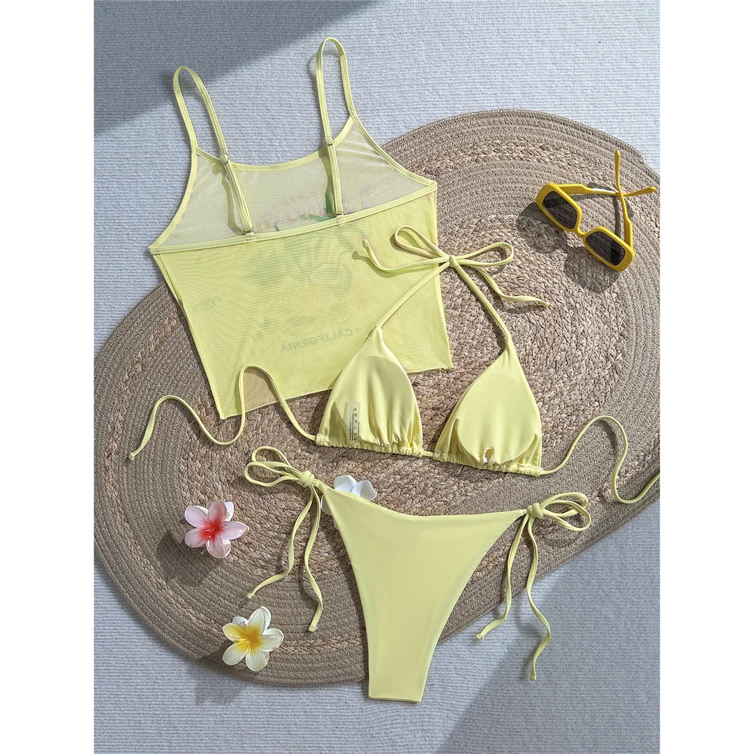 Neuer bedruckter Bikini mit Weste und Neckholder, Damen-Badeanzug, dreiteiliges Bikini-Set, gepolsterter Badeanzug, Badebekleidung, Schwimmanzug V8309 – Detail 12