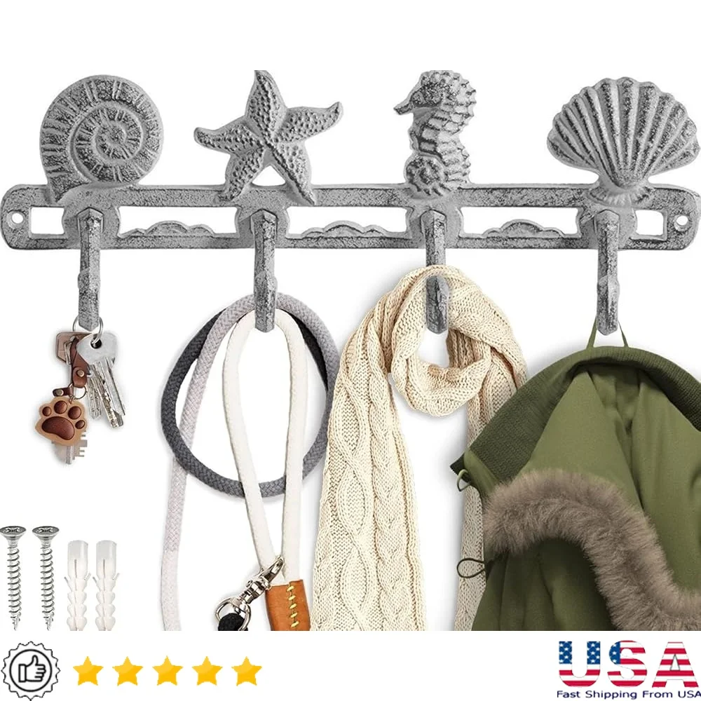 

Vintage Seashell Coat Hook Hanger Rustic Cast Iron Wall Mount Decorative Hooks with Screws Anchors Beach House Decor