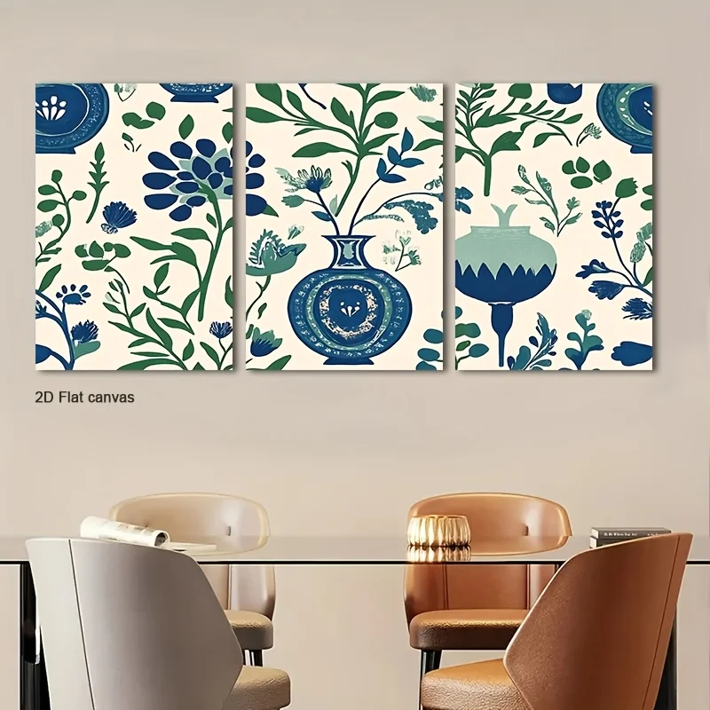 Frameless Canvas 2D Flat, 2D Flat, 2D Flat Set Of Three Navy Floral Vase Canvas Artworks, Framed And Ready For Display, Idea