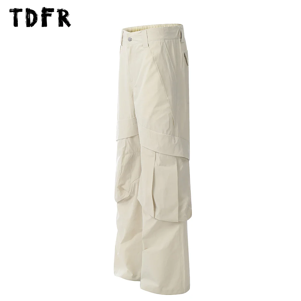 Solid Color Spliced Cargo Pants Mens Multi-Pocket Summer Safari Style Elastic Waist Straight Loose Wide Leg Trousers Men