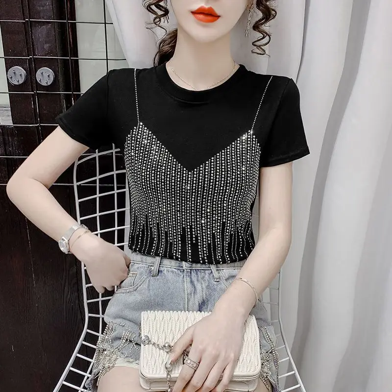 

Women's O-Neck Short Sleeve T-Shirt, Elegant Slim Tops, Monochromatic, Korean Fashion, Casual Clothes, Office Lady, Summer