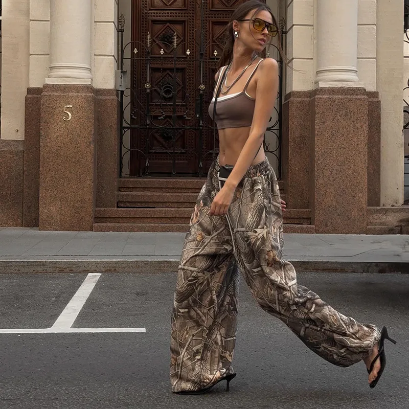 Women's clothing Jingtuan camouflage printed high-waist drawstring elastic loose straight base casual street knitted sweatpants