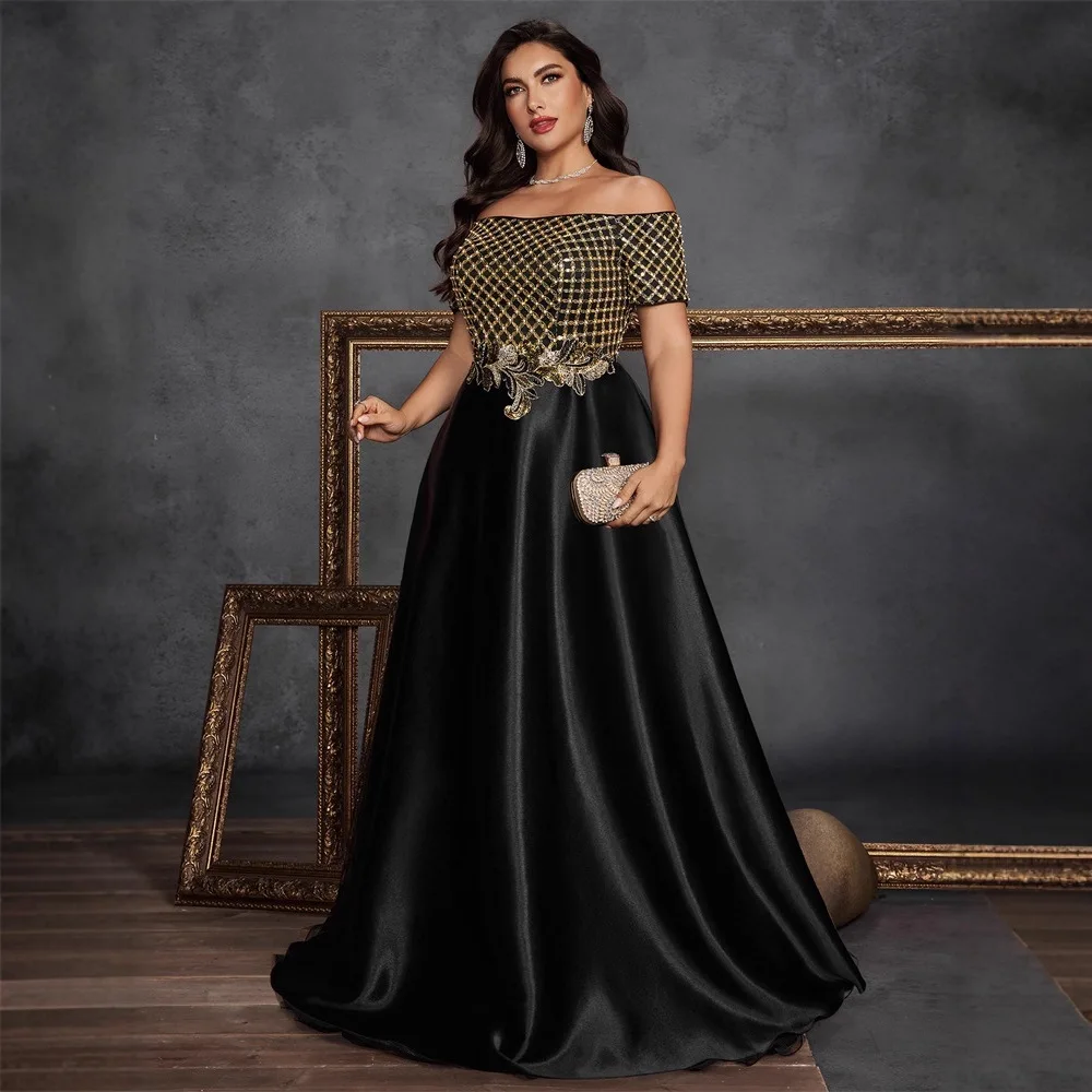 Picture 5: Plus Size Black Gold Off Shoulder Grid Sequin Embroidered High Waist Satin A Line Floor Train Evening Mother of Bride Gown