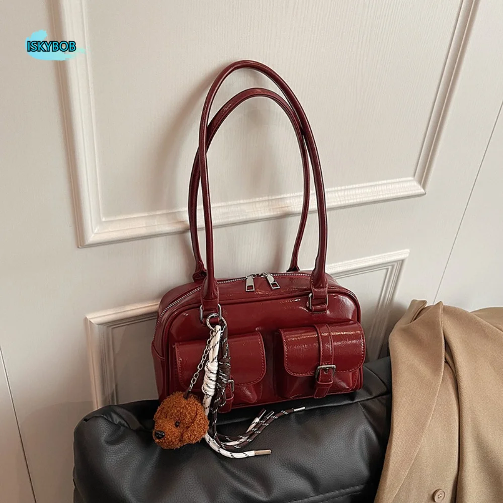 

Korean Style PU Bowling Bag Solid Color Minority Design Pocket Boston Tote Bag French Style Handbag Underarm Bag Travel