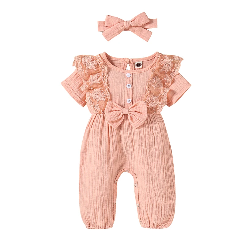 Summer Female Baby Pure Color Cotton Linen Jacket Short Sleeves Long Climbing Clothes Children's Open-file Jumpsuit