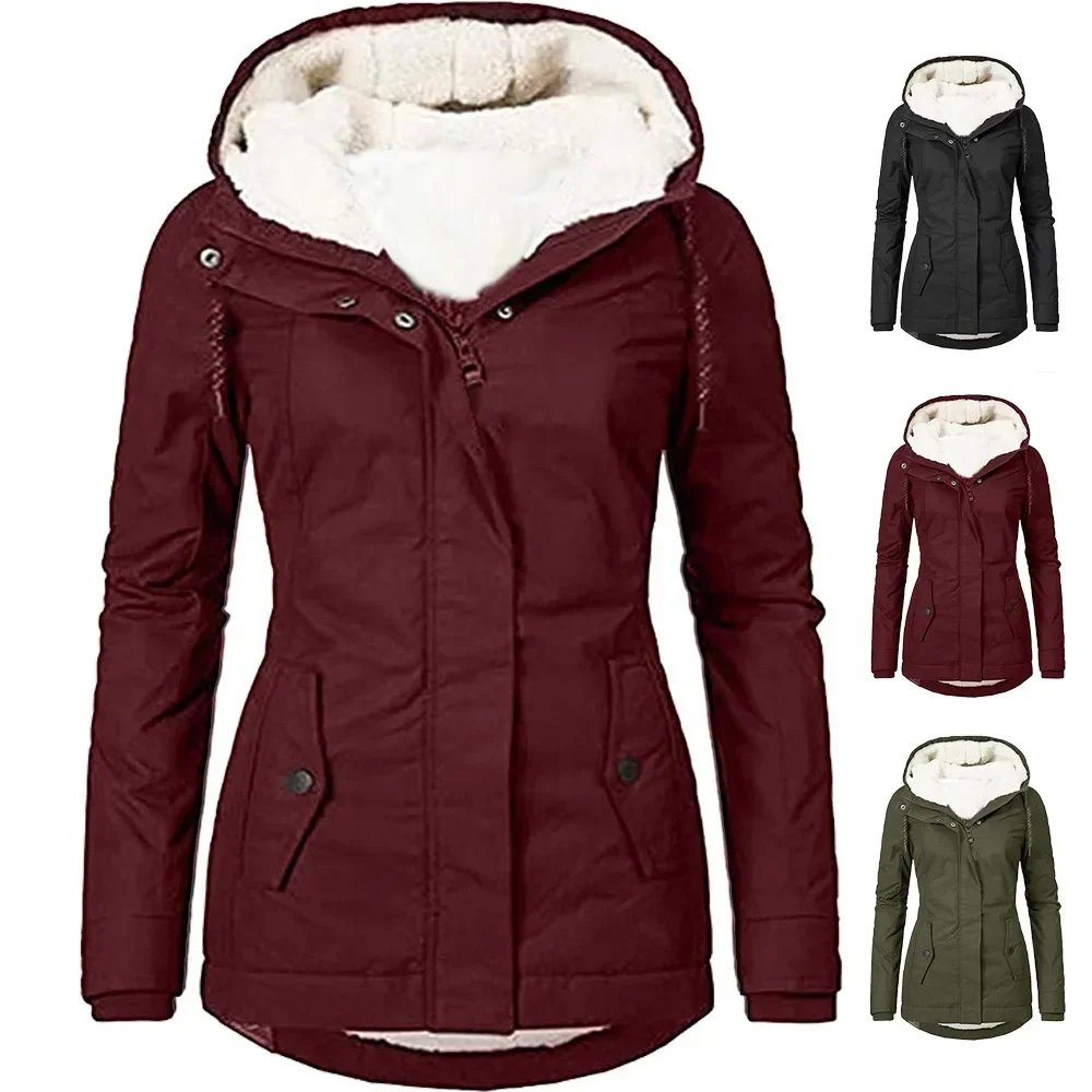 2023 Hooded Women Splice Zipper Coats Loose Casual Pockets Parkas Regular Thick Full Sleeve Warm Solid Jackets Autumn Winter