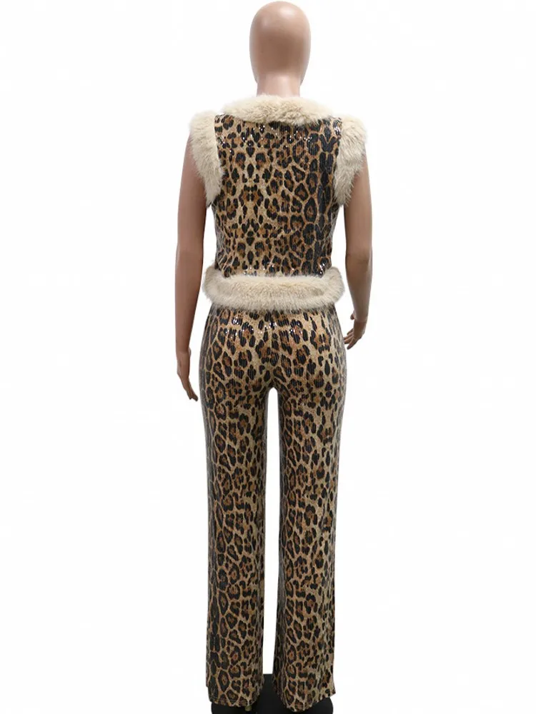 2 Piece Women Set Dashiki African Clothes Leopard Sequin New Fashion Sleeveless Top And Pants Suit Party Lady Matching Sets