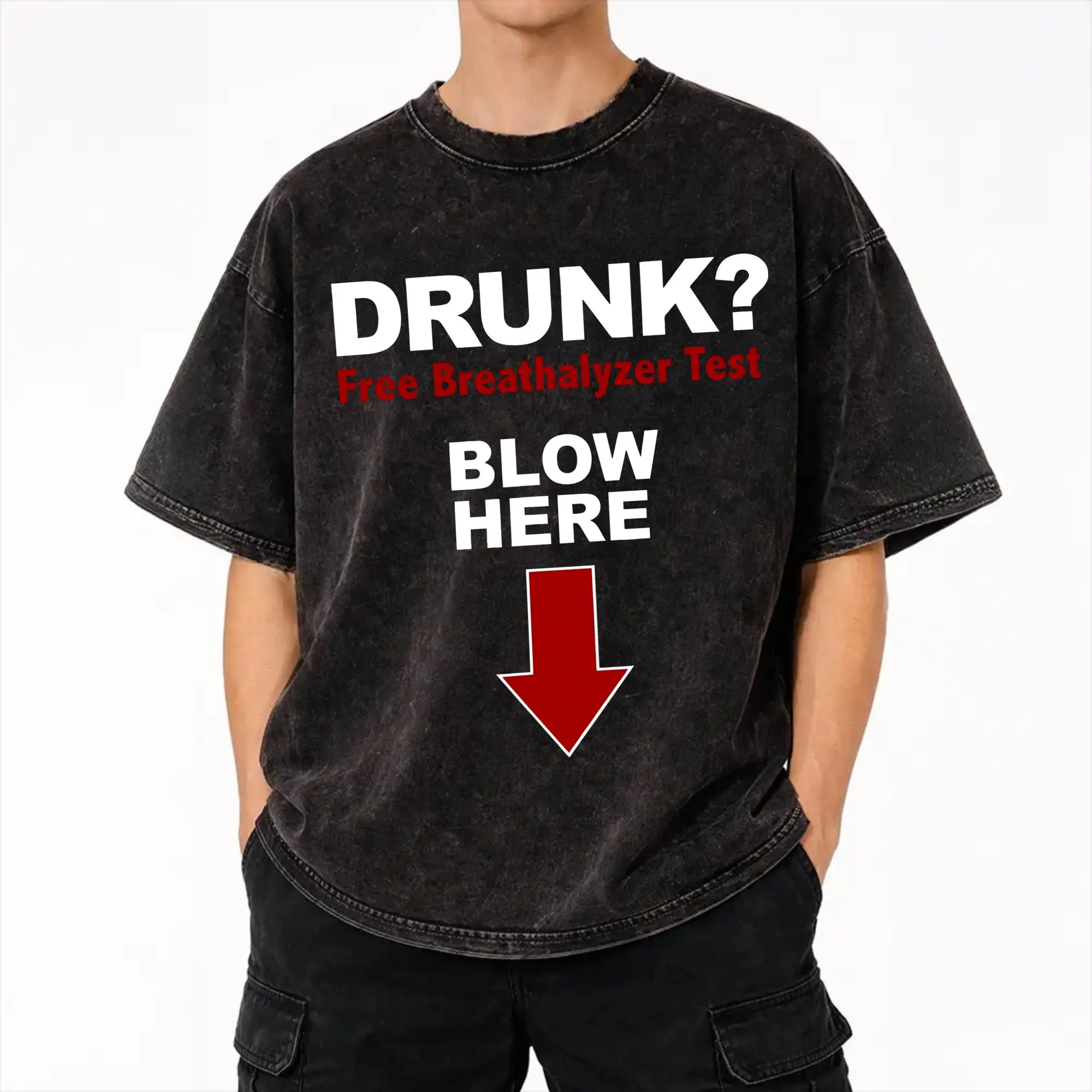 Drunk Free Breathalyzer Test Blow Here  T Shirt Hip Hop Washed Short Sleeve Street T-Shirt  Novelty Men Women Streetwear