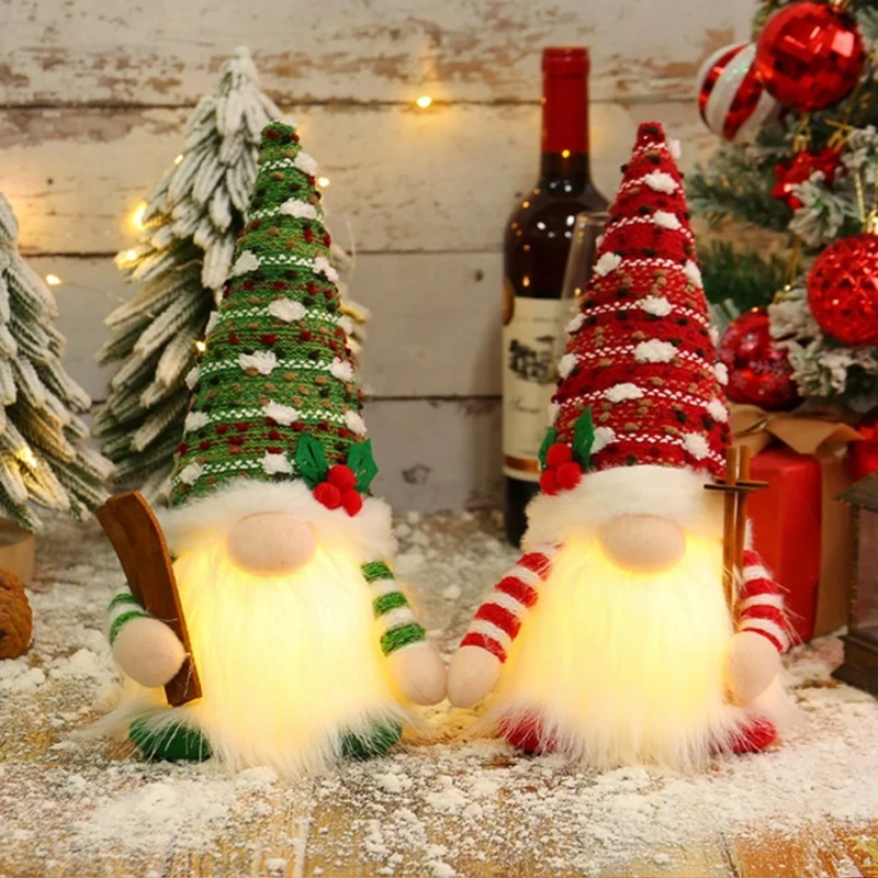 New 2/1PC 28CM Christmas Doll Sled Elf Ski Glowing Gnome with LED Light Christmas Decorations for Home Xmas 2025 New Year Gifts