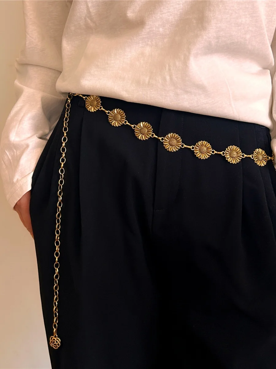 Vintage Waist Metal Chain Belts for Women Dresses Luxury Designer Gold Silver Tassel Body Accessories Ladies Flower Waistband