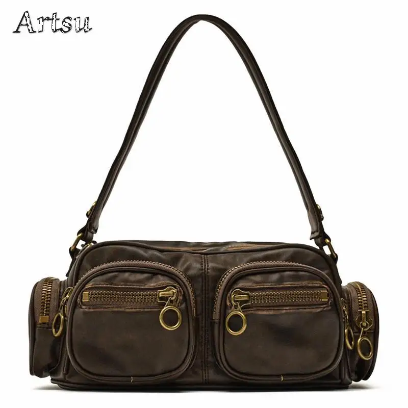 

New Trend Retro American Spicy Girl Bag Brown Pocket Decoration Motorcycle Bag Axillary Bag Trend Leisure Versatile Handheld Bag