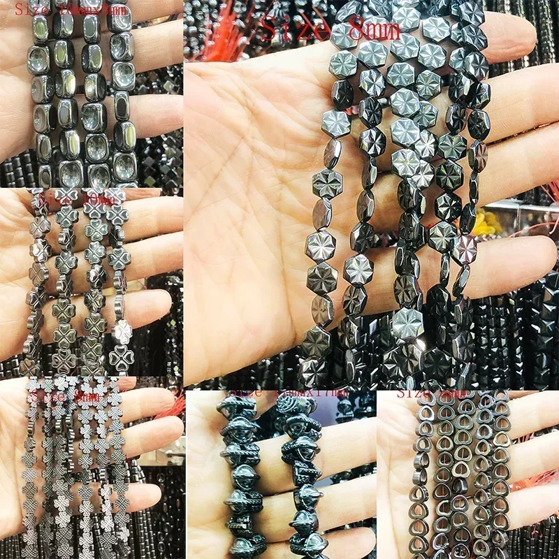 45 Style Natural Black Hematite Stone Beads Star Geometric Column Heart Loose Spacer Beads For Jewelry Making Bracelets Necklace