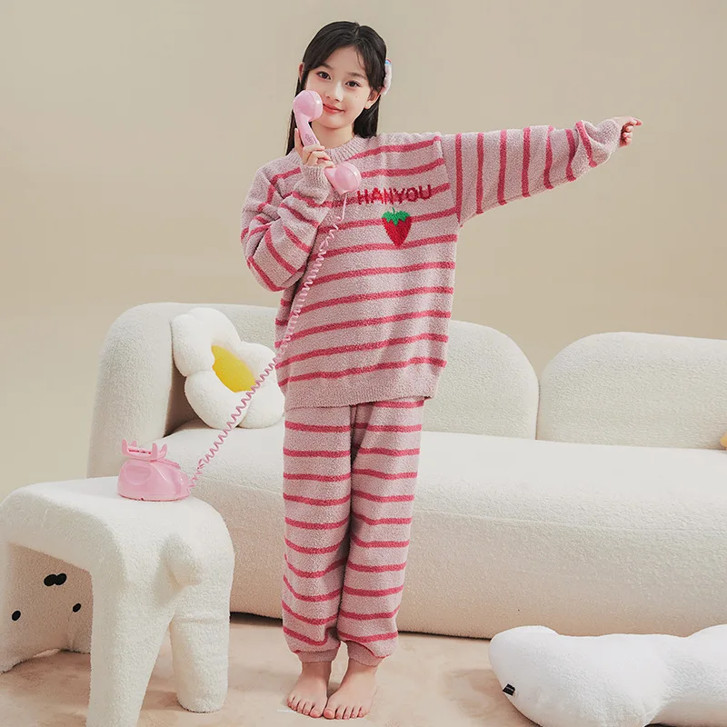 2024 Winter Children Girl Sleepwear Flannel Pajamas For Girls Stripes Long Sleeve Tops+Pants Suits Home Clothing Kid Sleepwears