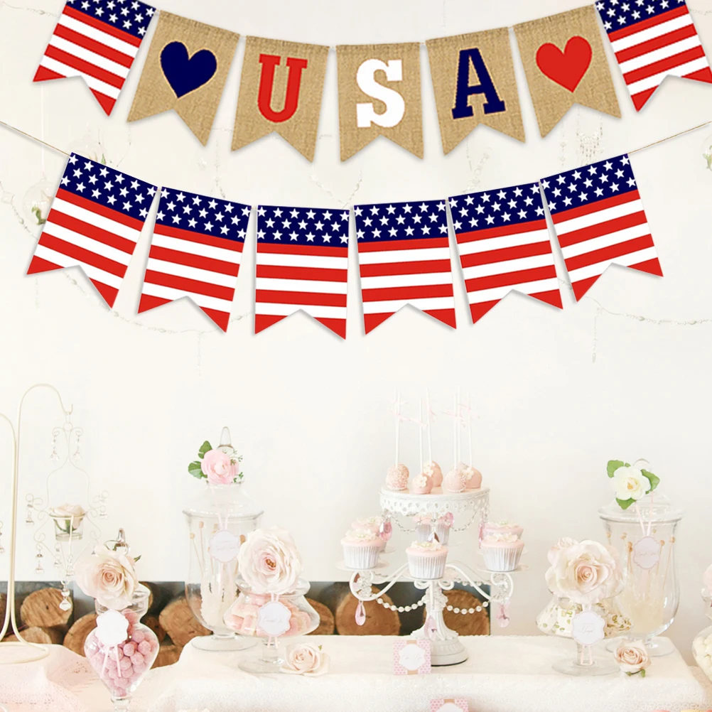 

2 pcs Patriotic USA Bunting Banner Party Decoration Independence Day Flags Hanging Garland Burlap Banner Theme Bunting