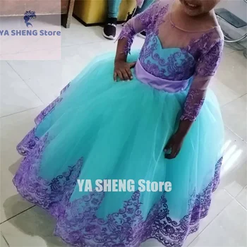 Vestido bonito de lavanda com arco para meninas, tule fofo, concurso de aniversário, primeira comunhão, banquete de casamento, concurso de beleza