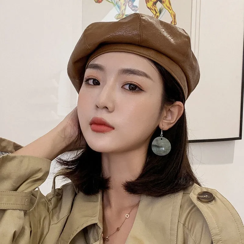 Leather octagonal hat beret fashionable casual versatile and trendy female painter headscarf adult accessory