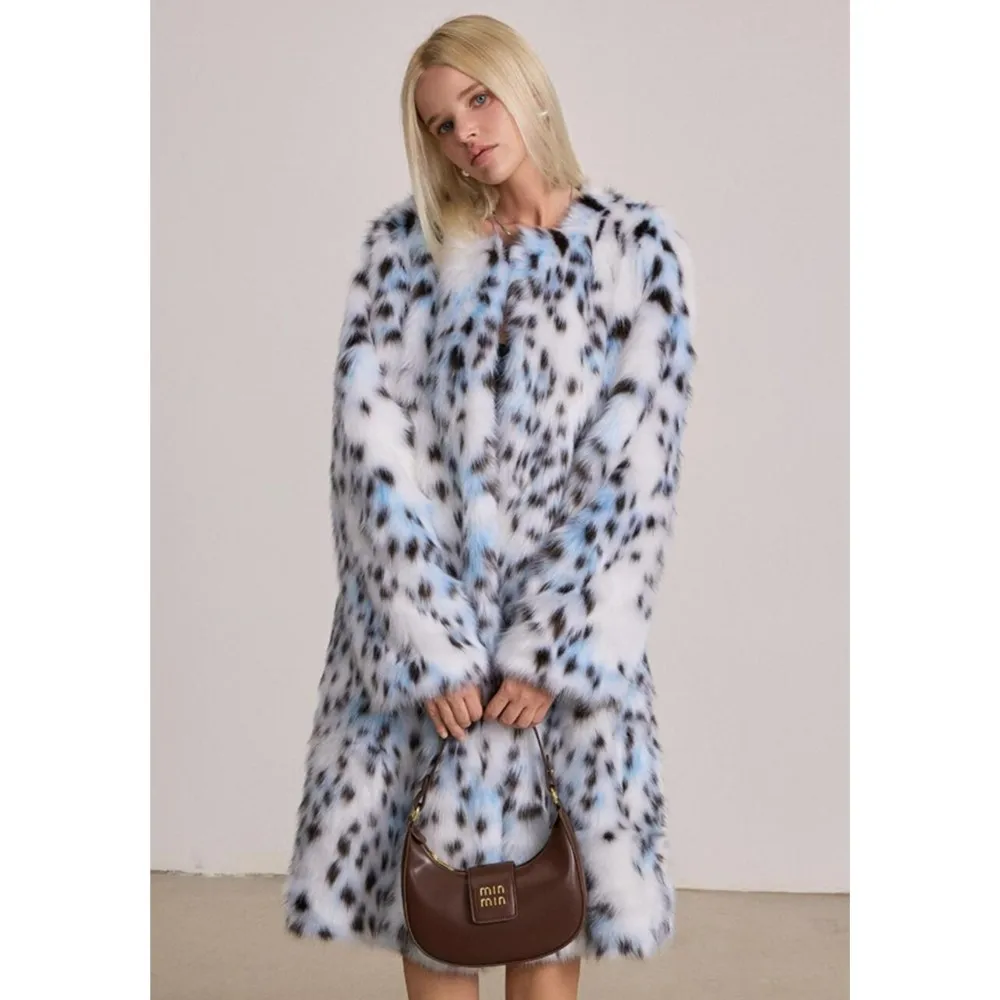 2024 Winter Hairy White Leopard Faux Fur Coat CHIC Women Hook Buttons O neck Full Sleeve Shaggy Midi Long Jacket Coat