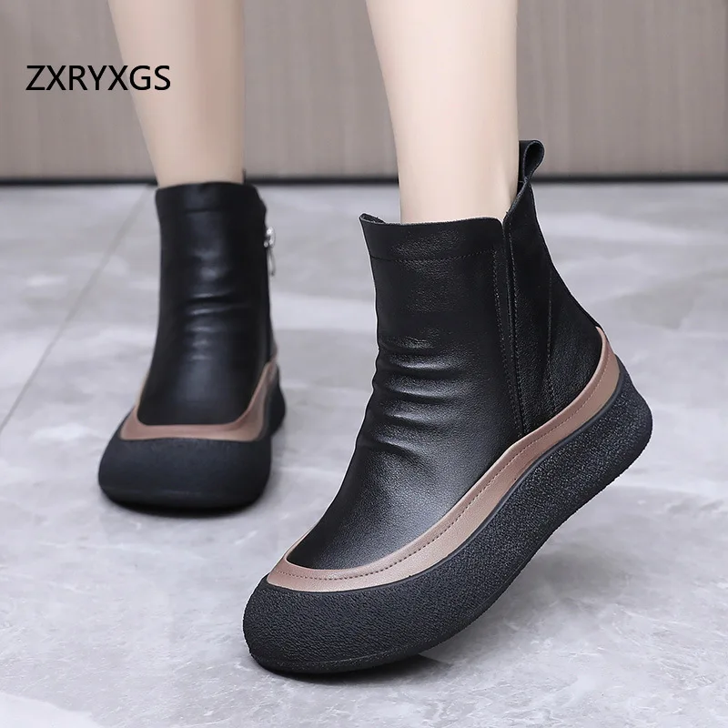 

ZXRYXGS New Fashion Genuine Leather Plush / Wool Boots Winter Shoes Flat Thick Sole Comfort Warm Snow Boots Big Size Tide 2025
