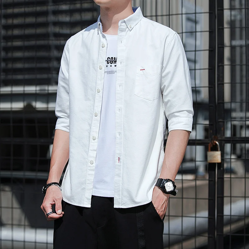 High Quality Summer 100% Cotton Oxford Cloth Men's Three Quarter Sleeve Shirt Grey Pocket Lapel Shirts Slim Korea Y2k Coat Male