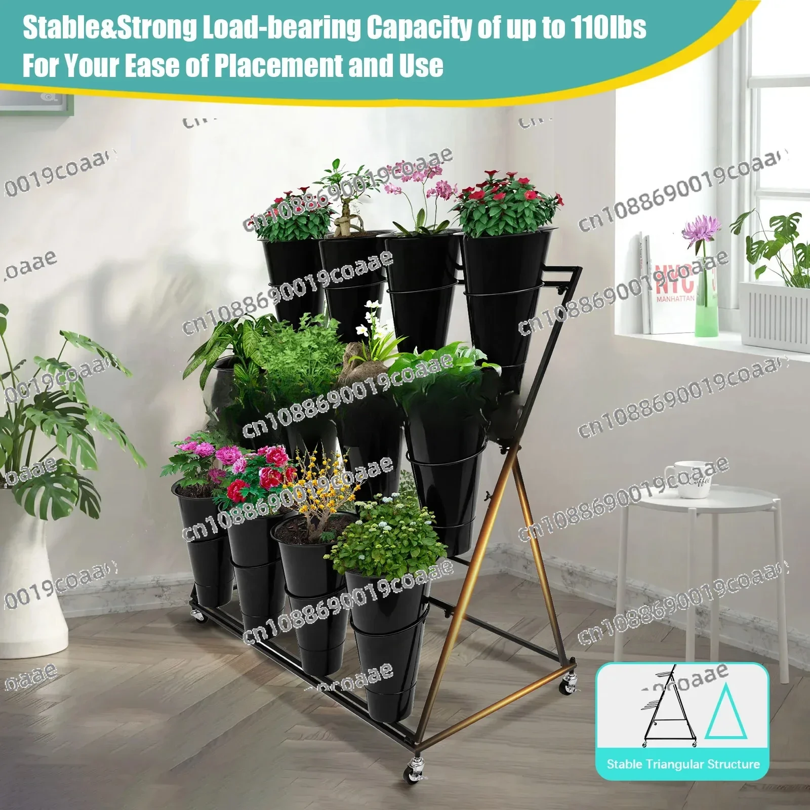 Flower Display Shelf- 12 X Buckets 3 Layers Metal Plant Stand with Wheels Flower Vase Rack Black